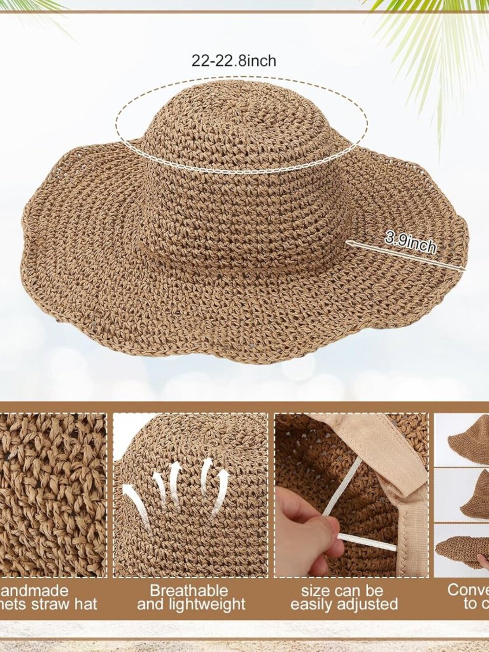 10 Pcs Mesh Beach Tote Bags and Straw Hat Set, Foldable Straw Hat Mesh Tote Bag - Picture 4 of 9
